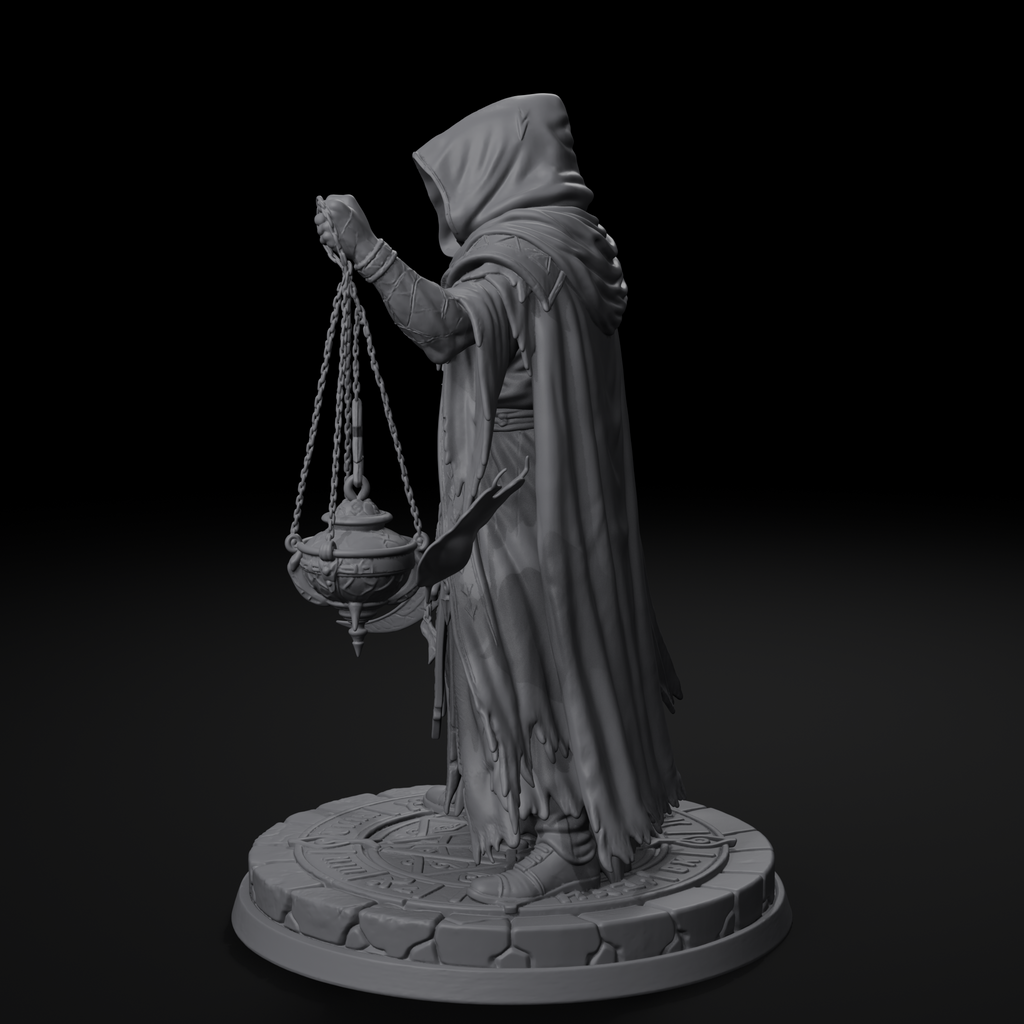 Robed cultist D&D miniature, right view, unpainted resin