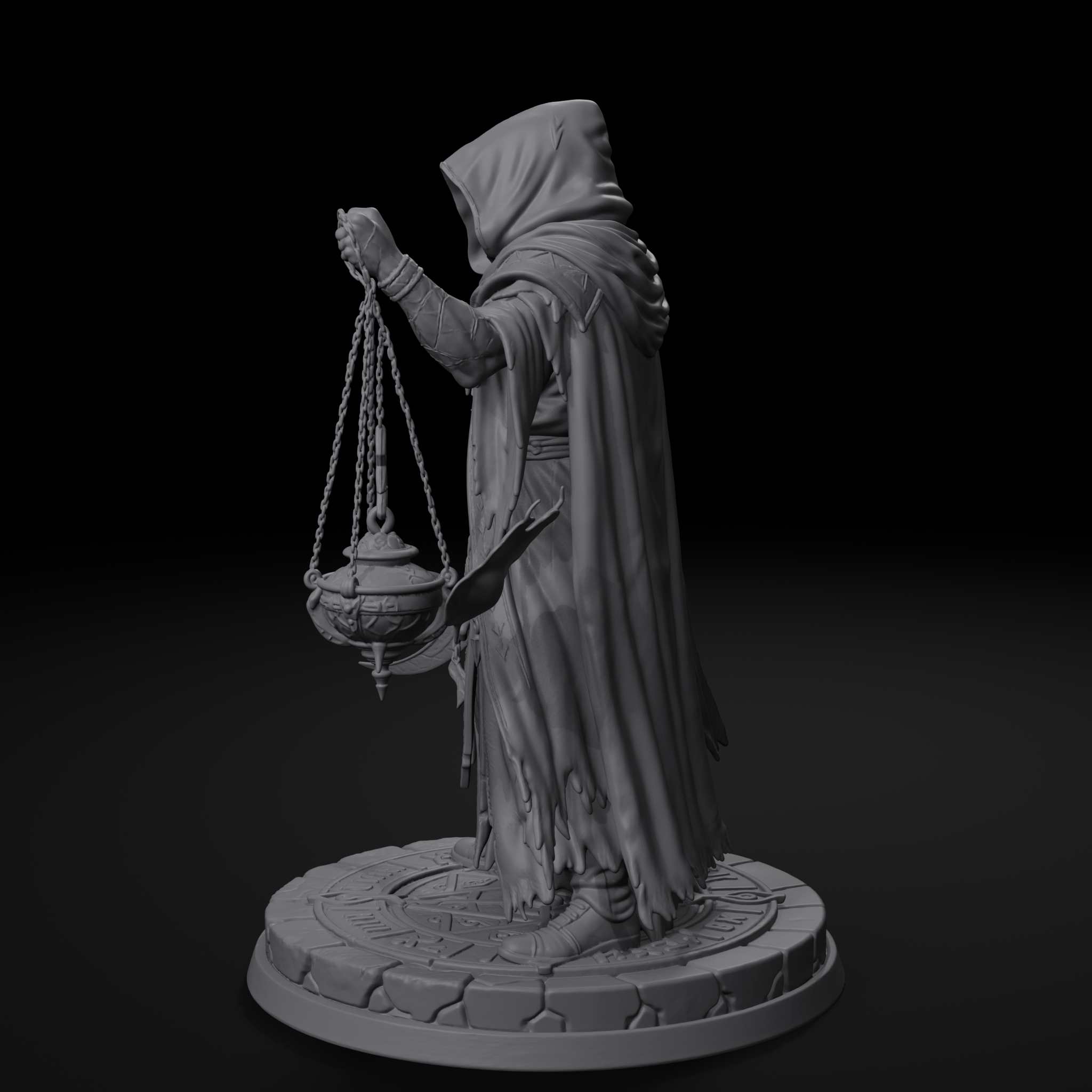 Robed cultist D&D miniature, right view, unpainted resin