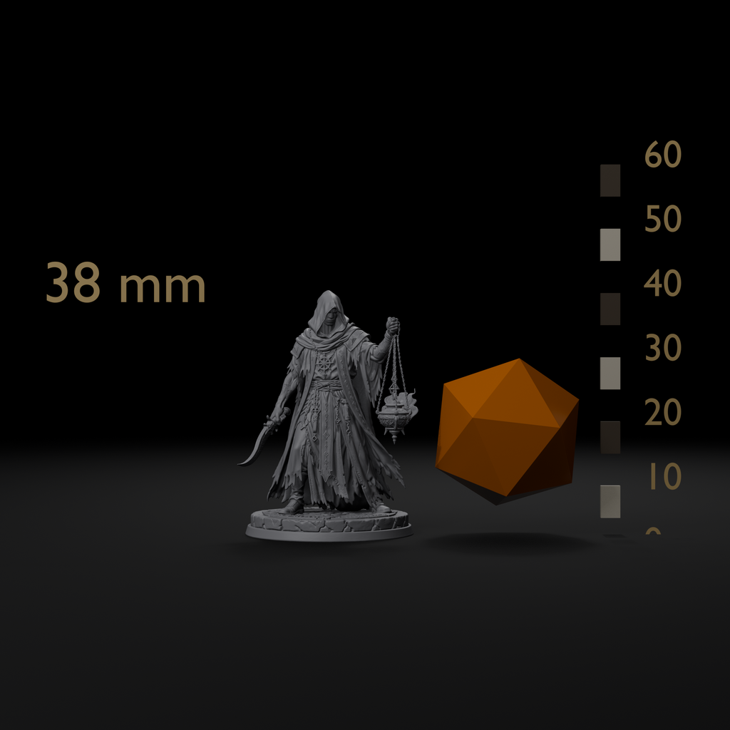 Robed cultist D&D miniature size reference beside a 20mm d20 and a millimeter scale bar