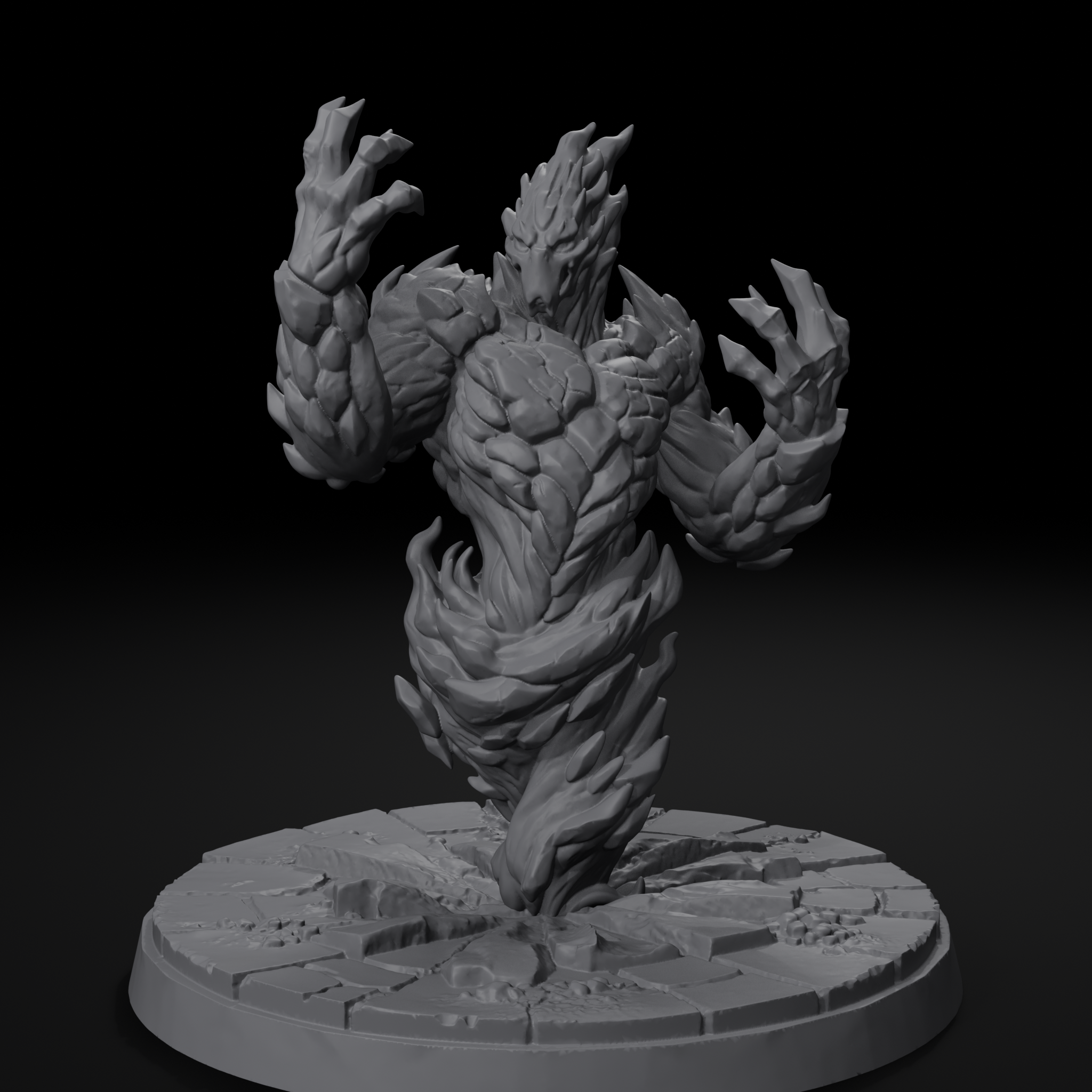 Fire elemental D&D miniature, front view, unpainted resin