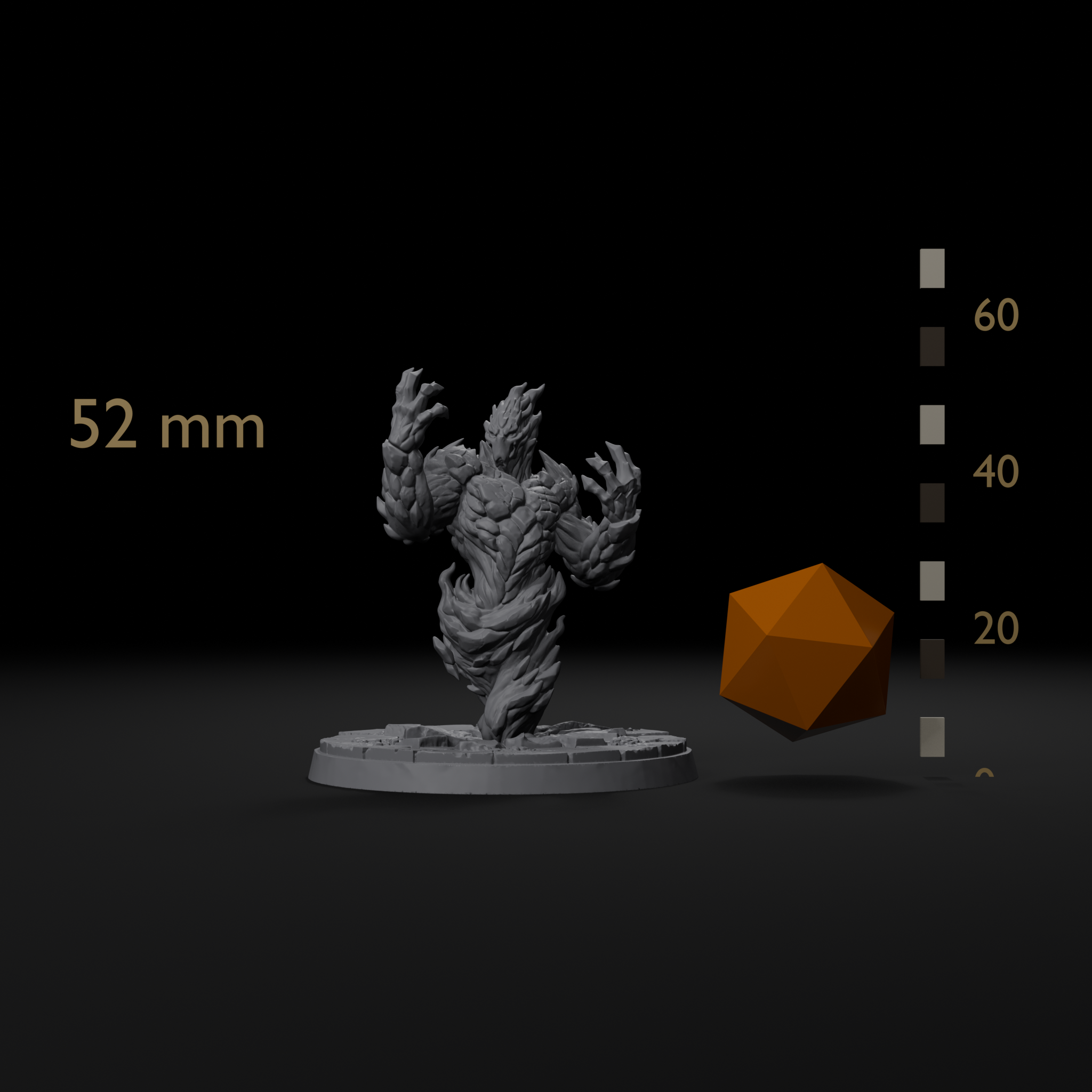 Fire elemental D&D miniature size reference beside a 20mm d20 and a millimeter scale bar