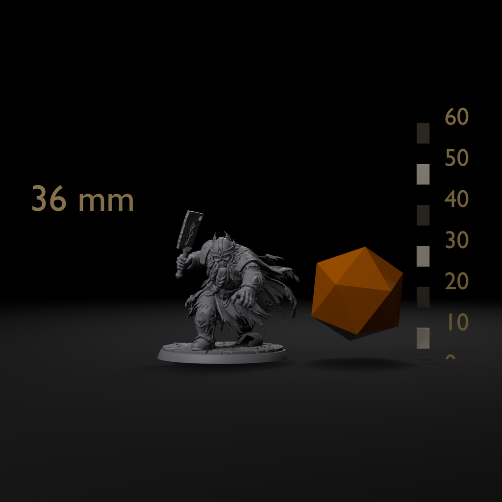 Forge Wraith undead dwarf D&D miniature size reference beside a 20mm d20 and a millimeter scale bar