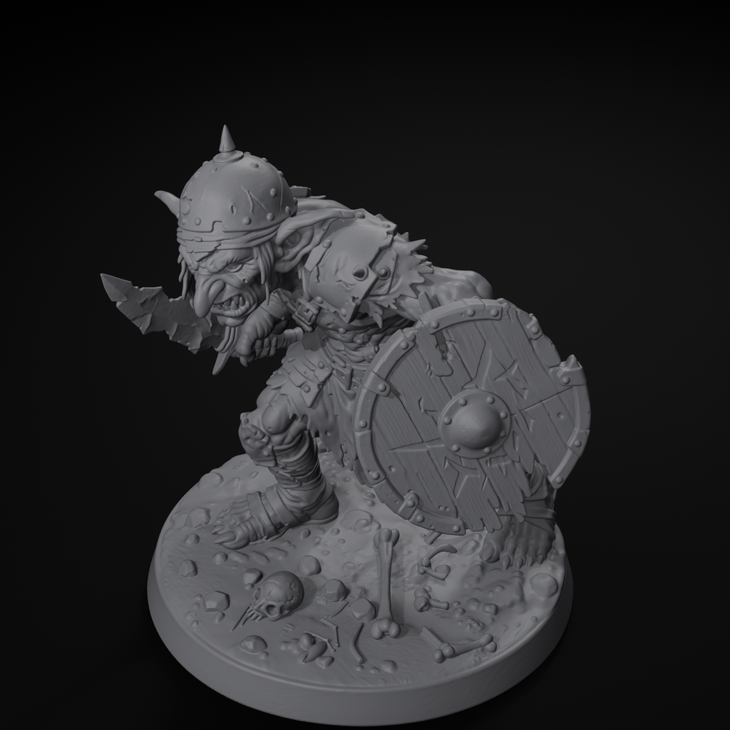 Goblin skirmisher D&D miniature, isometric view, unpainted resin