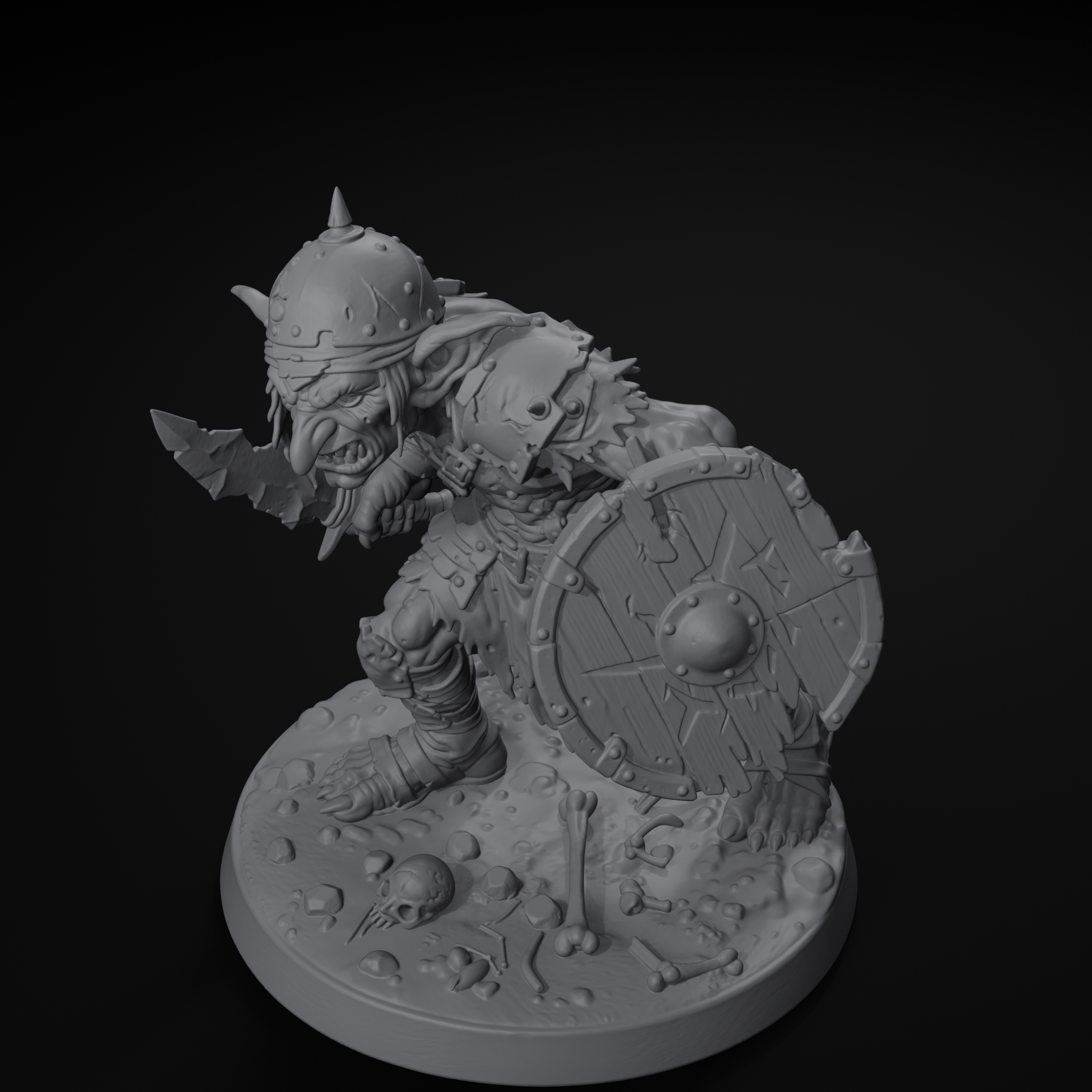 Goblin skirmisher D&D miniature, isometric view, unpainted resin