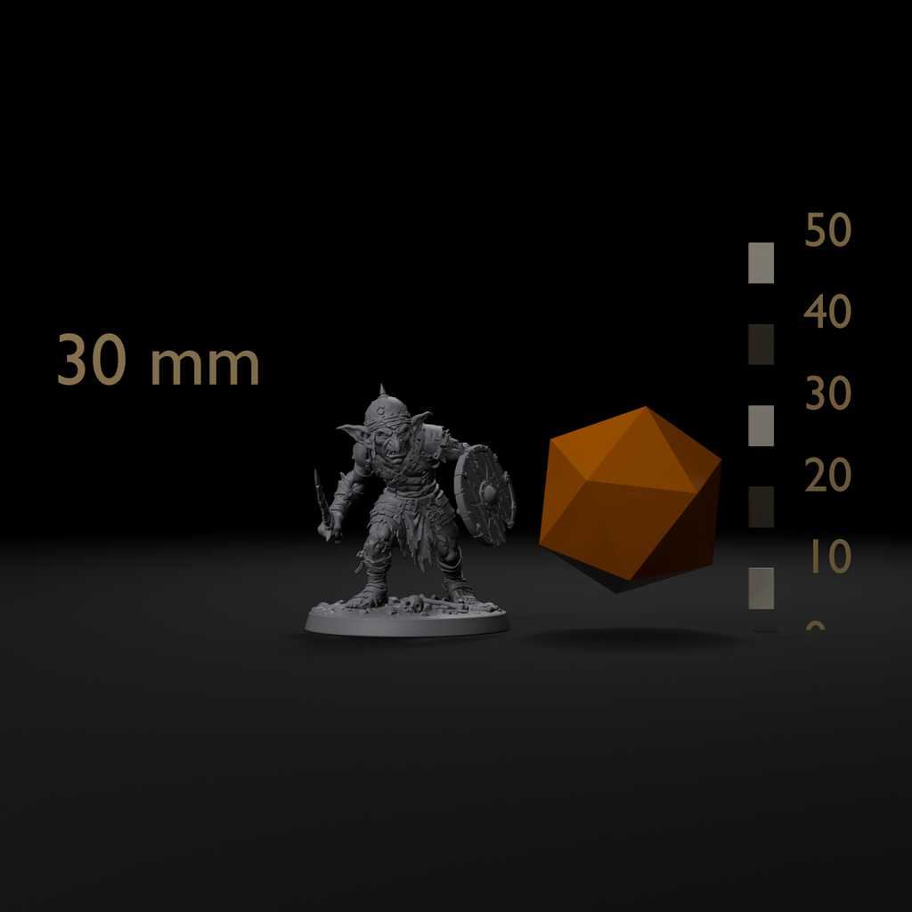 Goblin skirmisher D&D miniature size reference beside a 20mm d20 and a millimeter scale bar