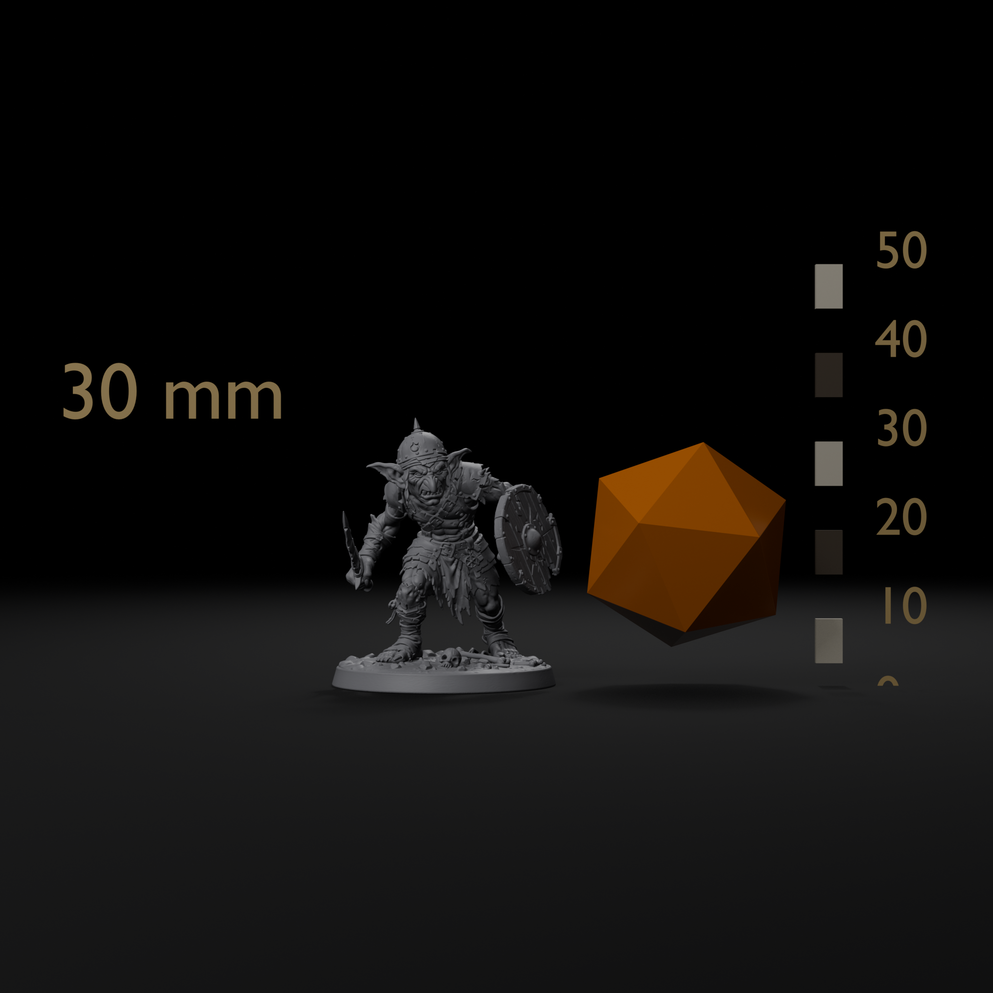 Goblin skirmisher D&D miniature size reference beside a 20mm d20 and a millimeter scale bar