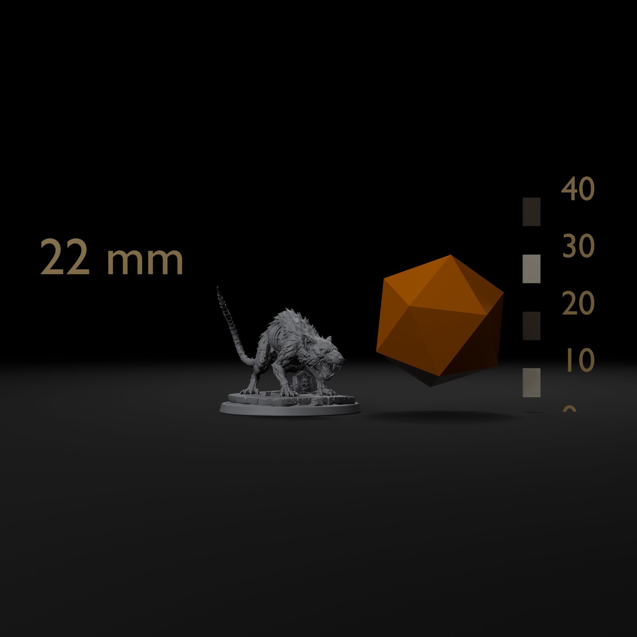Swarm and Horde Pack — grave rat miniature size reference beside a 20mm d20 and a millimeter scale bar