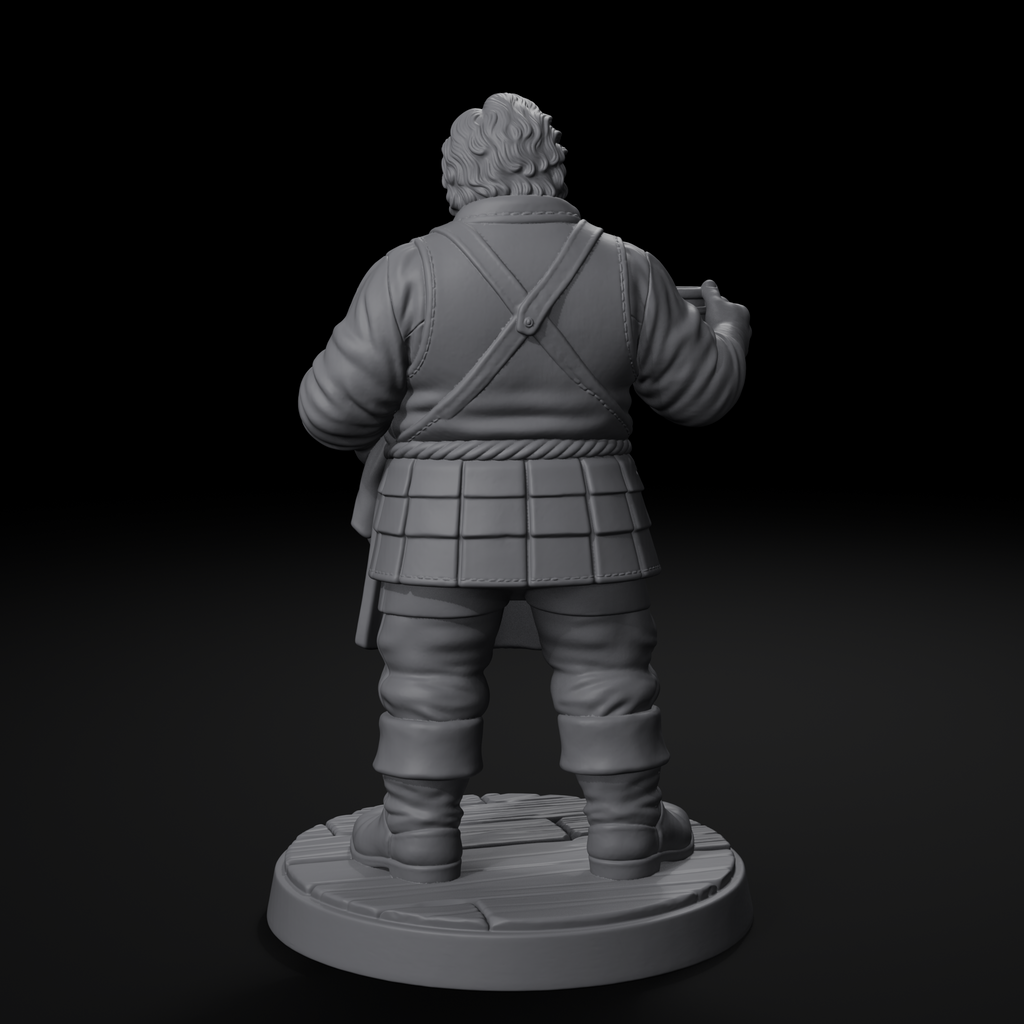 Innkeeper NPC D&D miniature, back view, unpainted resin