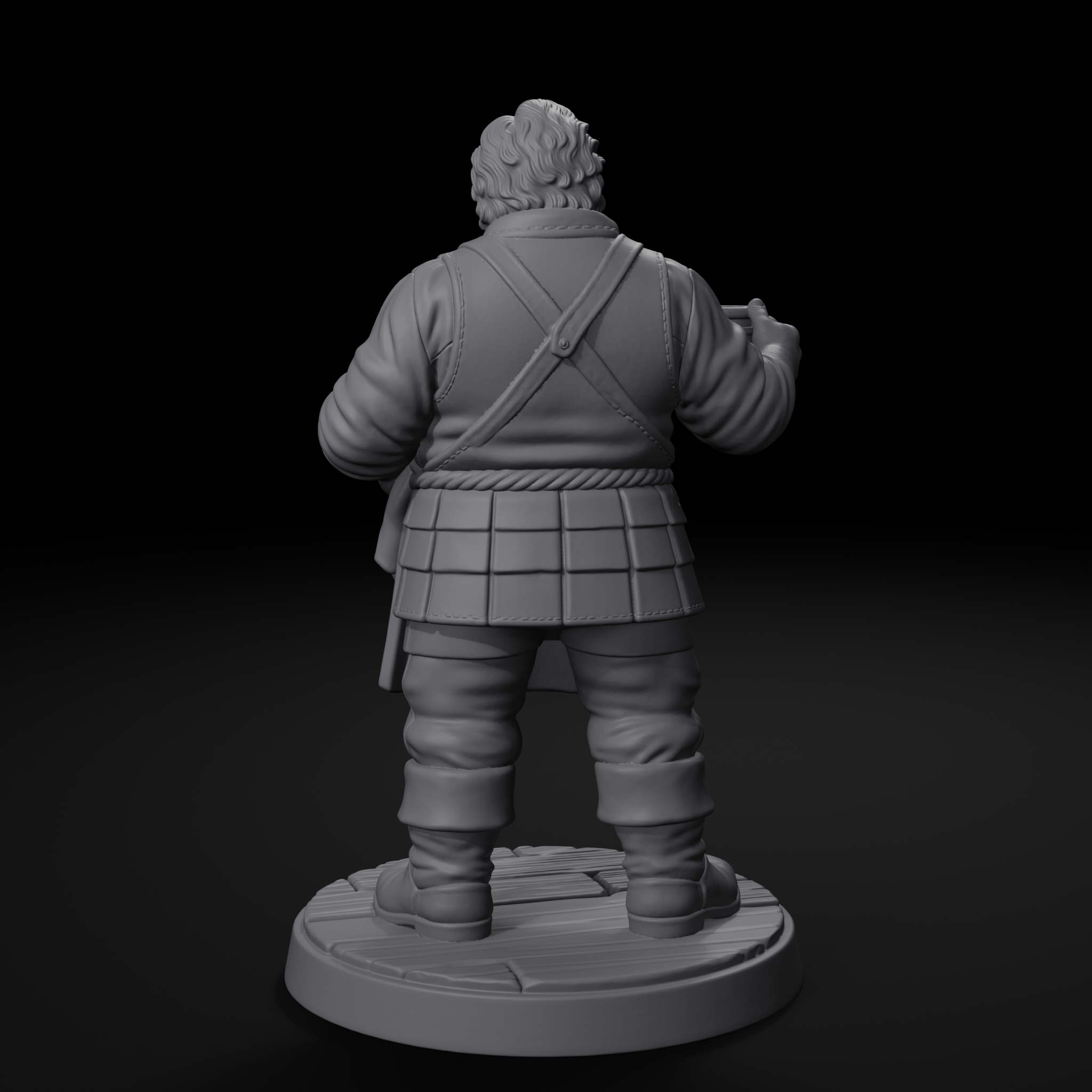 Innkeeper NPC D&D miniature, back view, unpainted resin