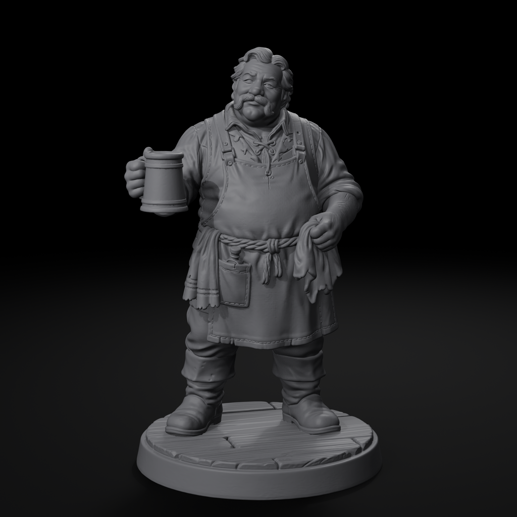 Innkeeper NPC D&D miniature, front view, unpainted resin