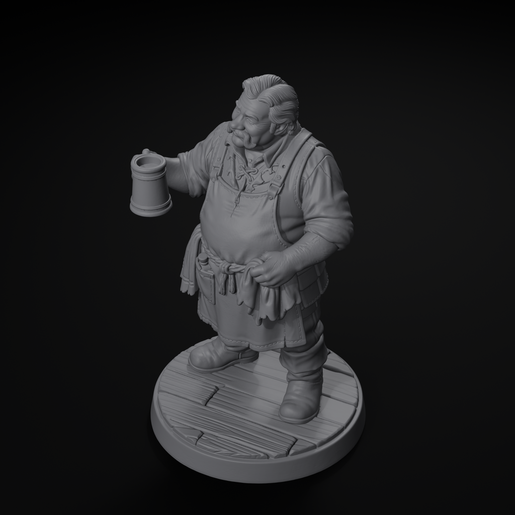 Innkeeper NPC D&D miniature, isometric view, unpainted resin