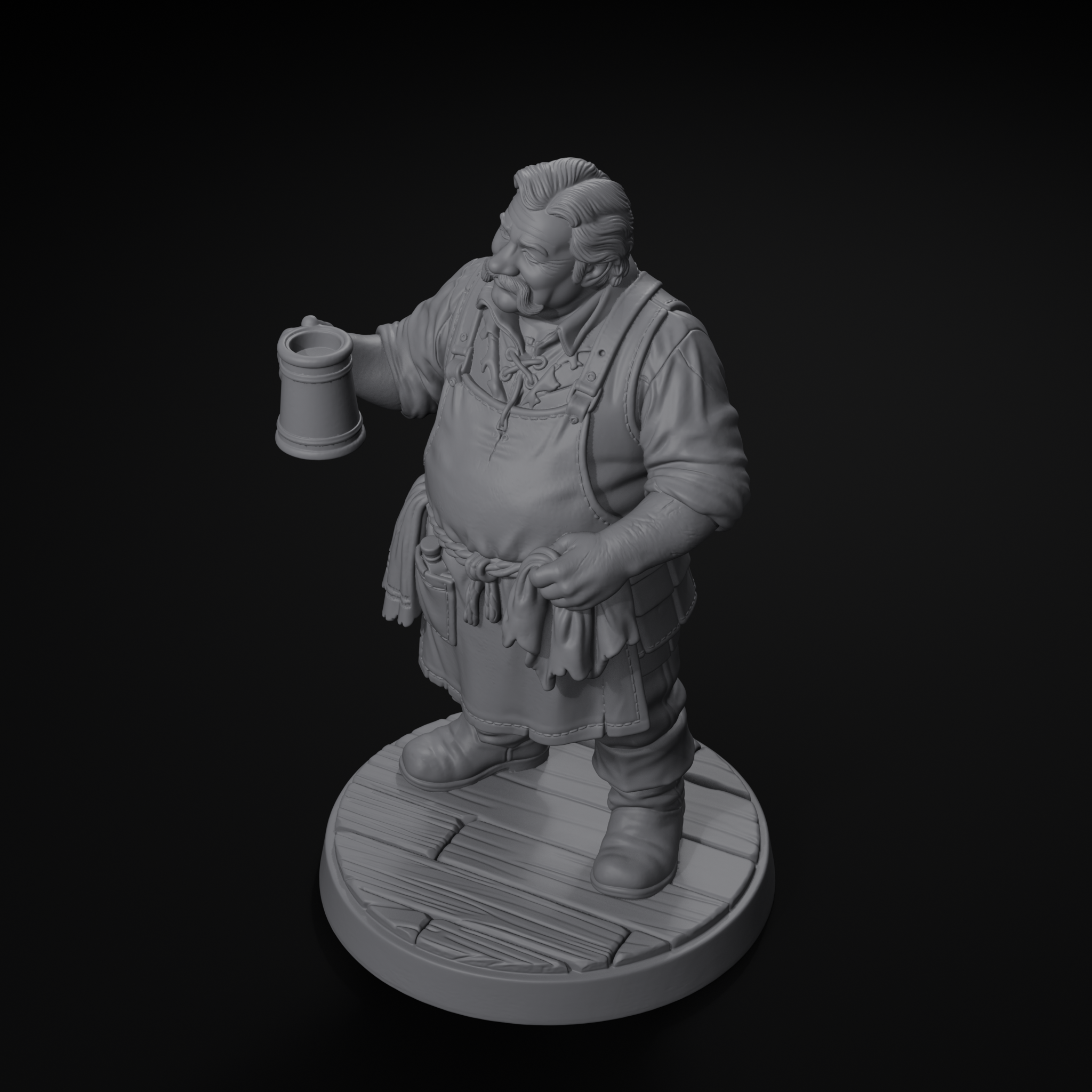 Innkeeper NPC D&D miniature, isometric view, unpainted resin