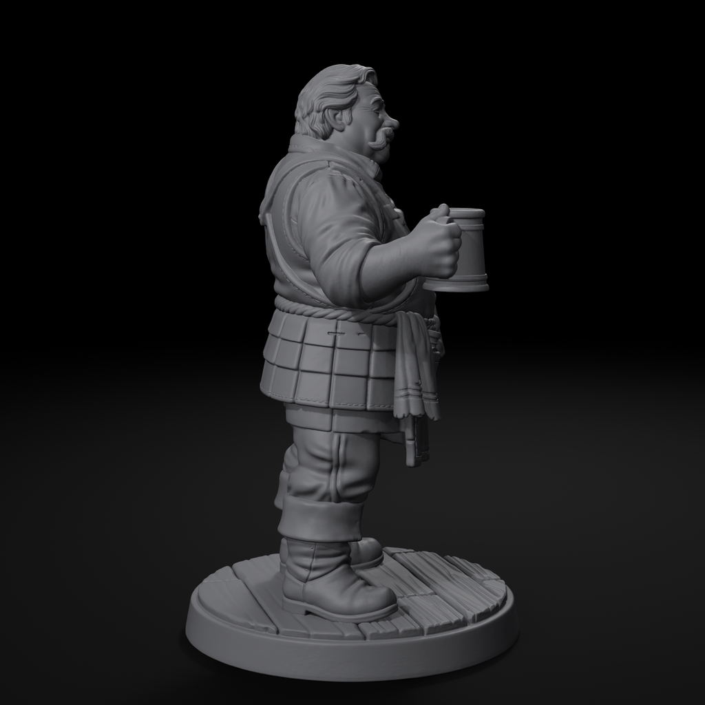 Innkeeper NPC D&D miniature, left view, unpainted resin