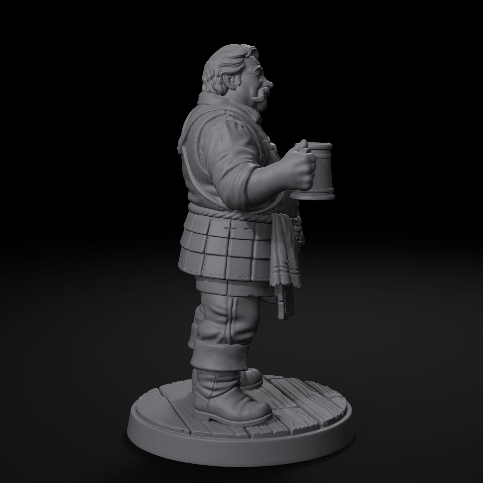 Innkeeper NPC D&D miniature, left view, unpainted resin