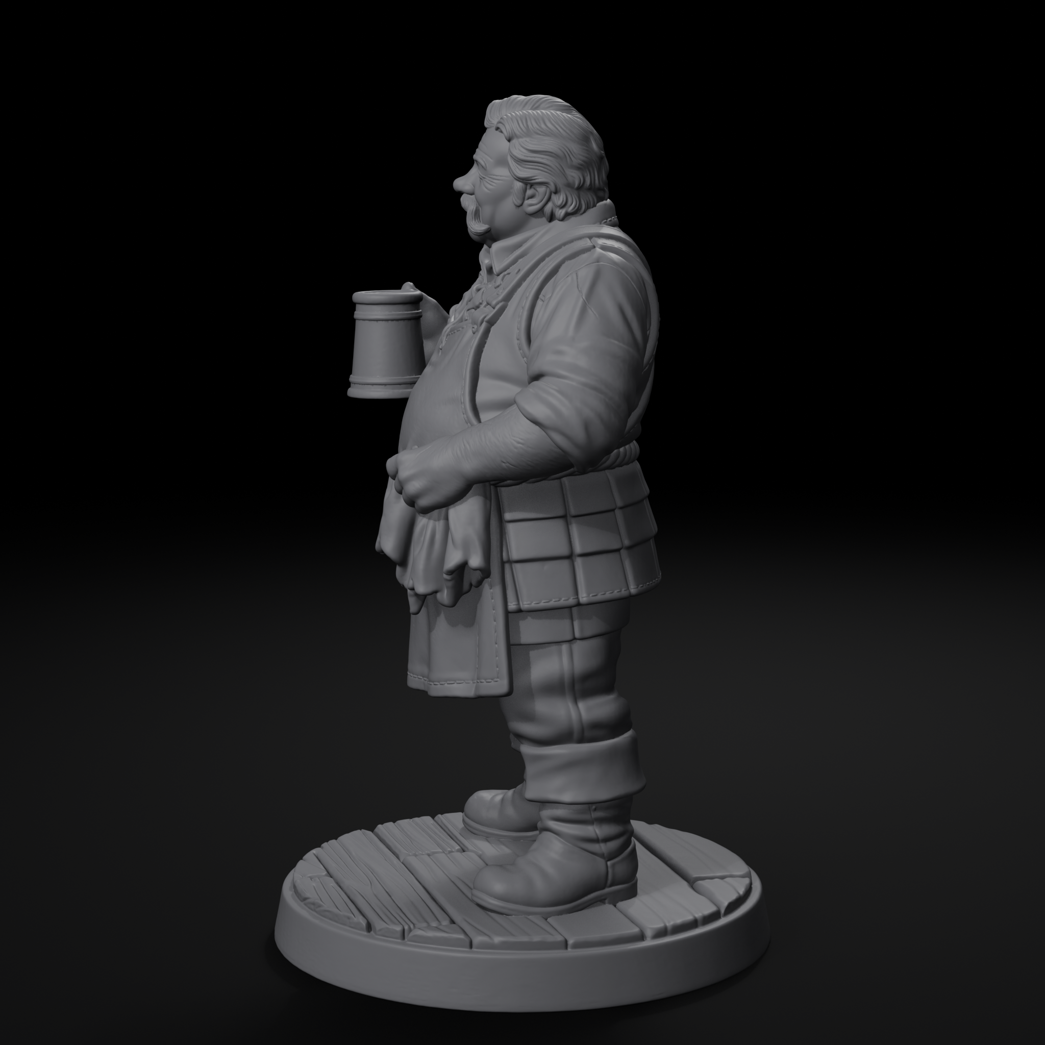 Innkeeper NPC D&D miniature, right view, unpainted resin