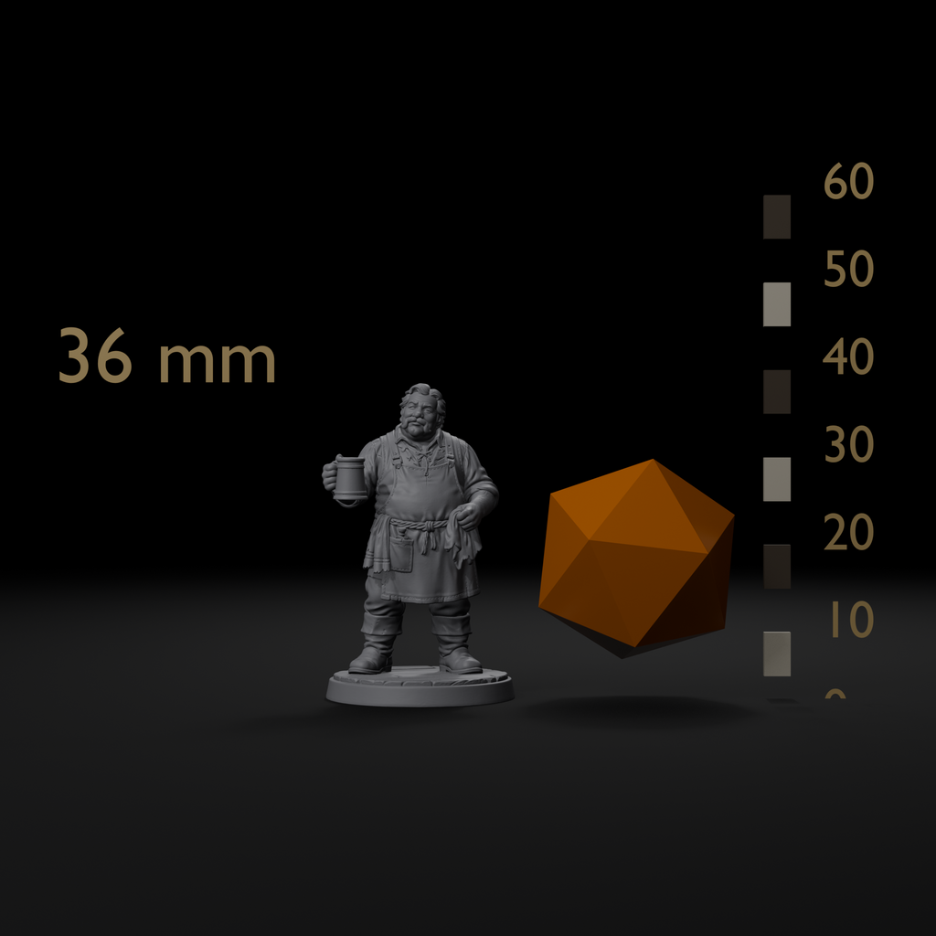Innkeeper NPC D&D miniature size reference beside a 20mm d20 and a millimeter scale bar