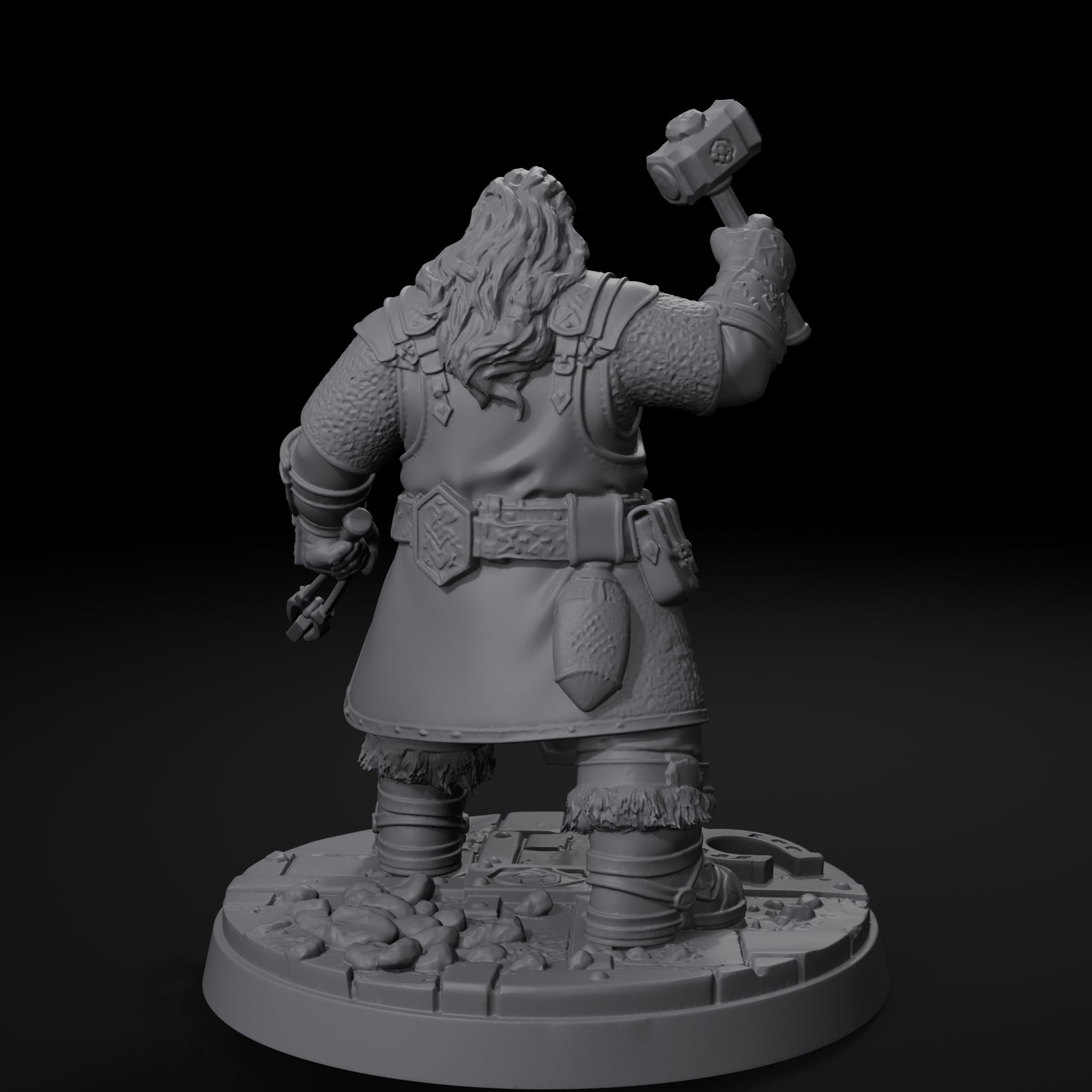 Jorge dwarven blacksmith D&D miniature, back view, unpainted resin