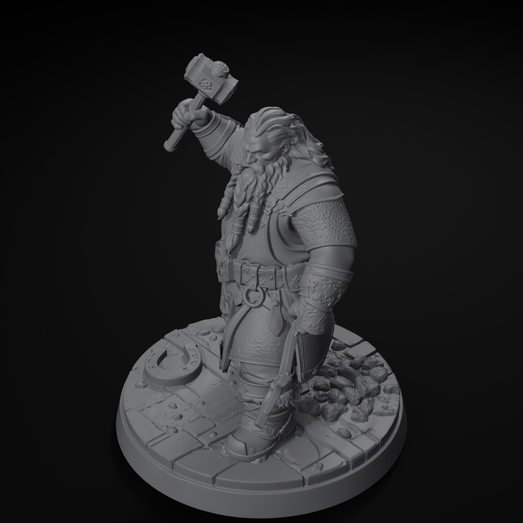 Jorge dwarven blacksmith D&D miniature, isometric view, unpainted resin