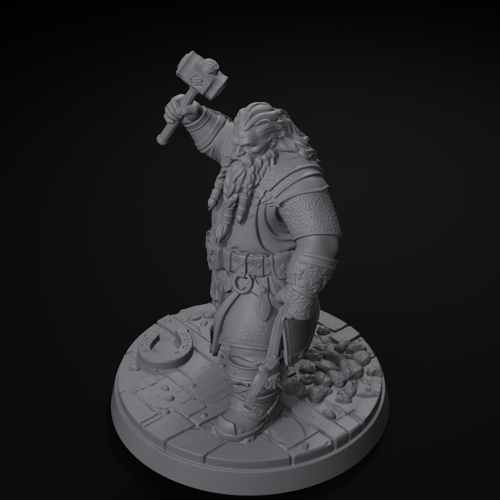 Jorge dwarven blacksmith D&D miniature, isometric view, unpainted resin