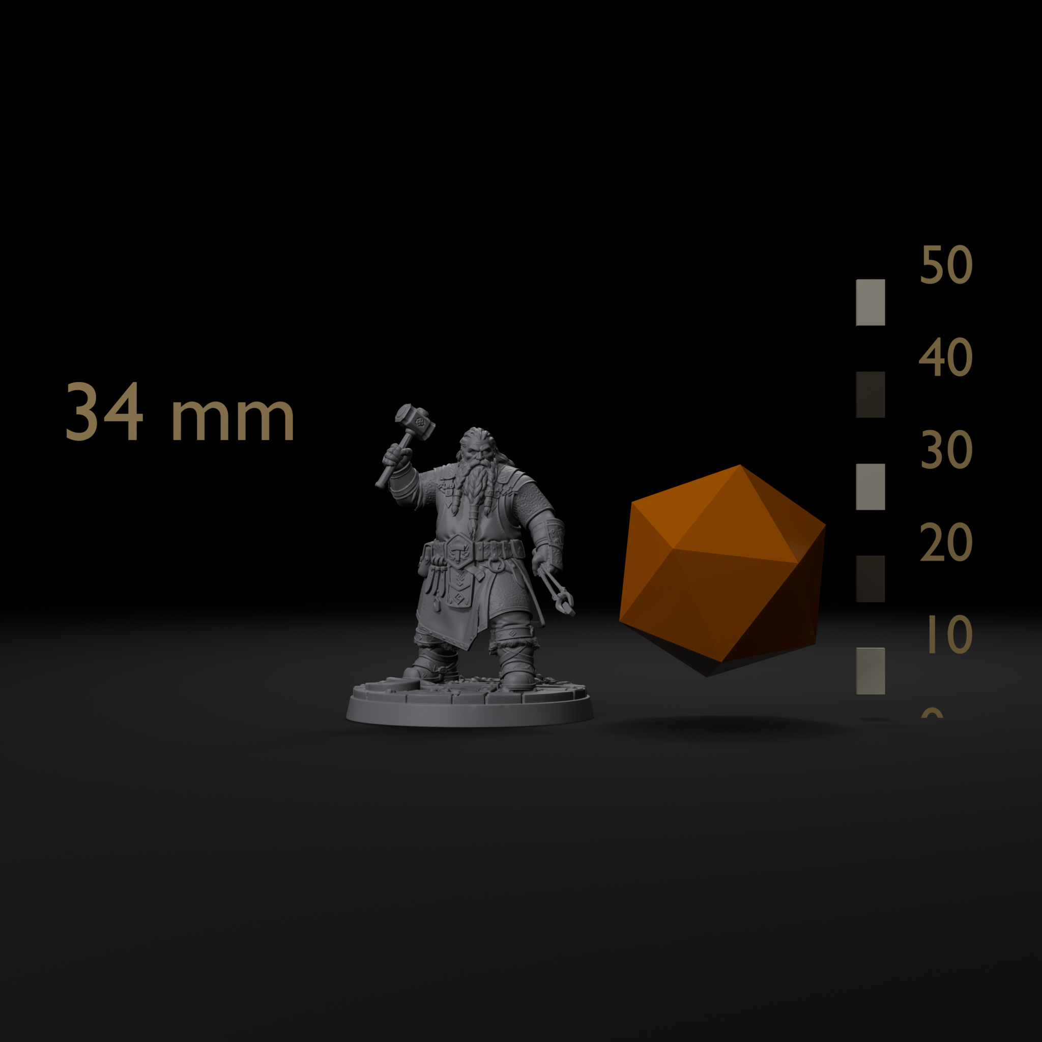 Jorge dwarven blacksmith D&D miniature size reference beside a 20mm d20 and a millimeter scale bar