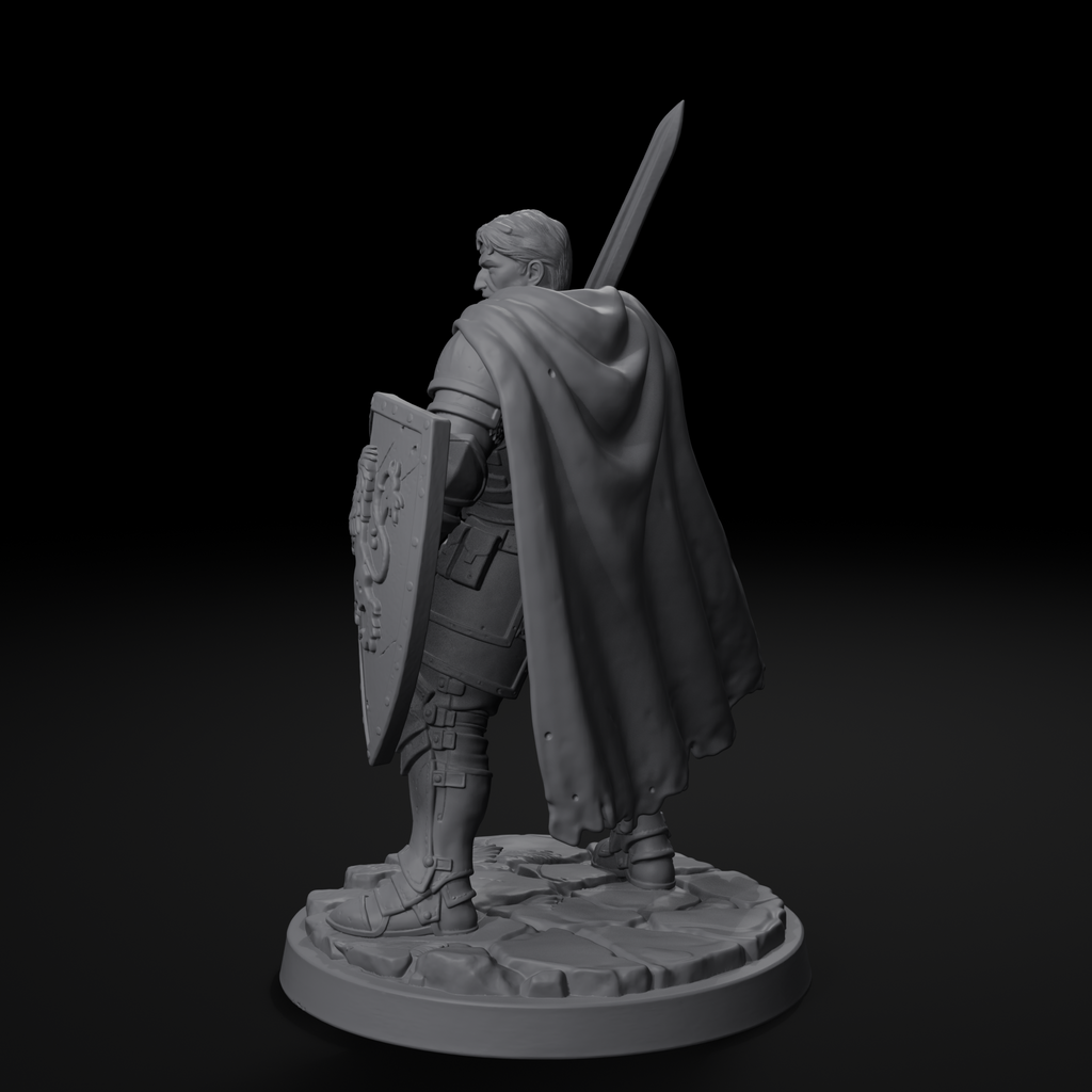 Knight human fighter D&D miniature, back view showing cloak, unpainted resin