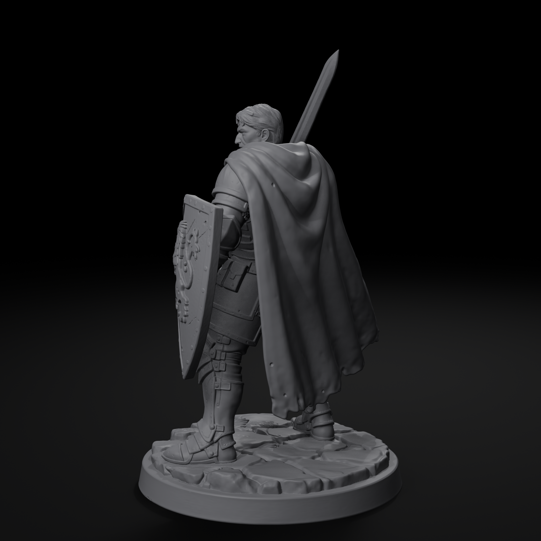 Knight human fighter D&D miniature, back view showing cloak, unpainted resin