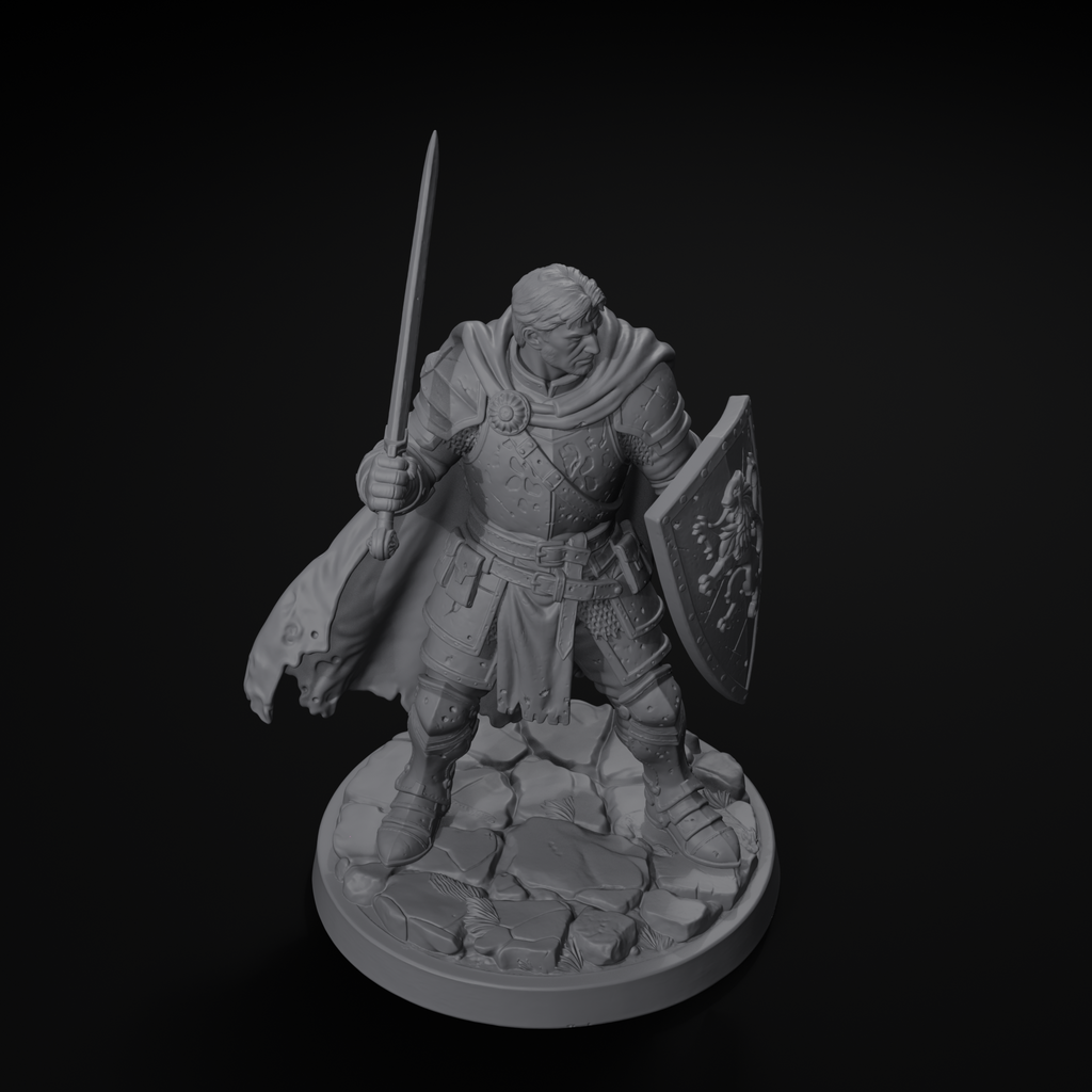 Knight human fighter D&D miniature, isometric view, unpainted resin