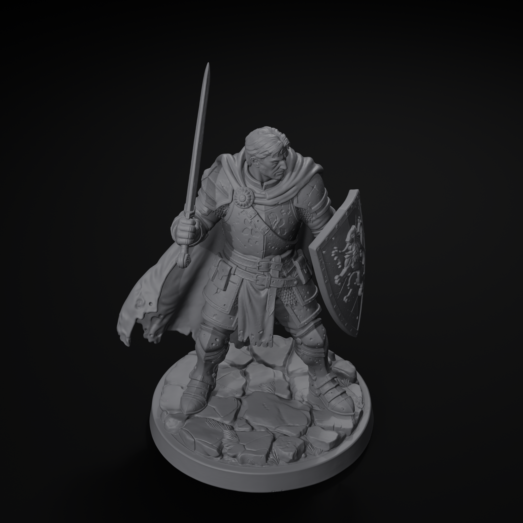 Knight human fighter D&D miniature, isometric view, unpainted resin