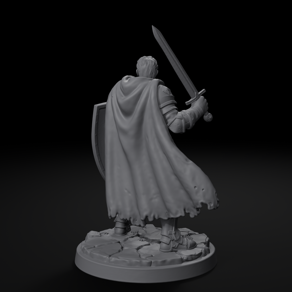Knight human fighter D&D miniature, left view with shield, unpainted resin