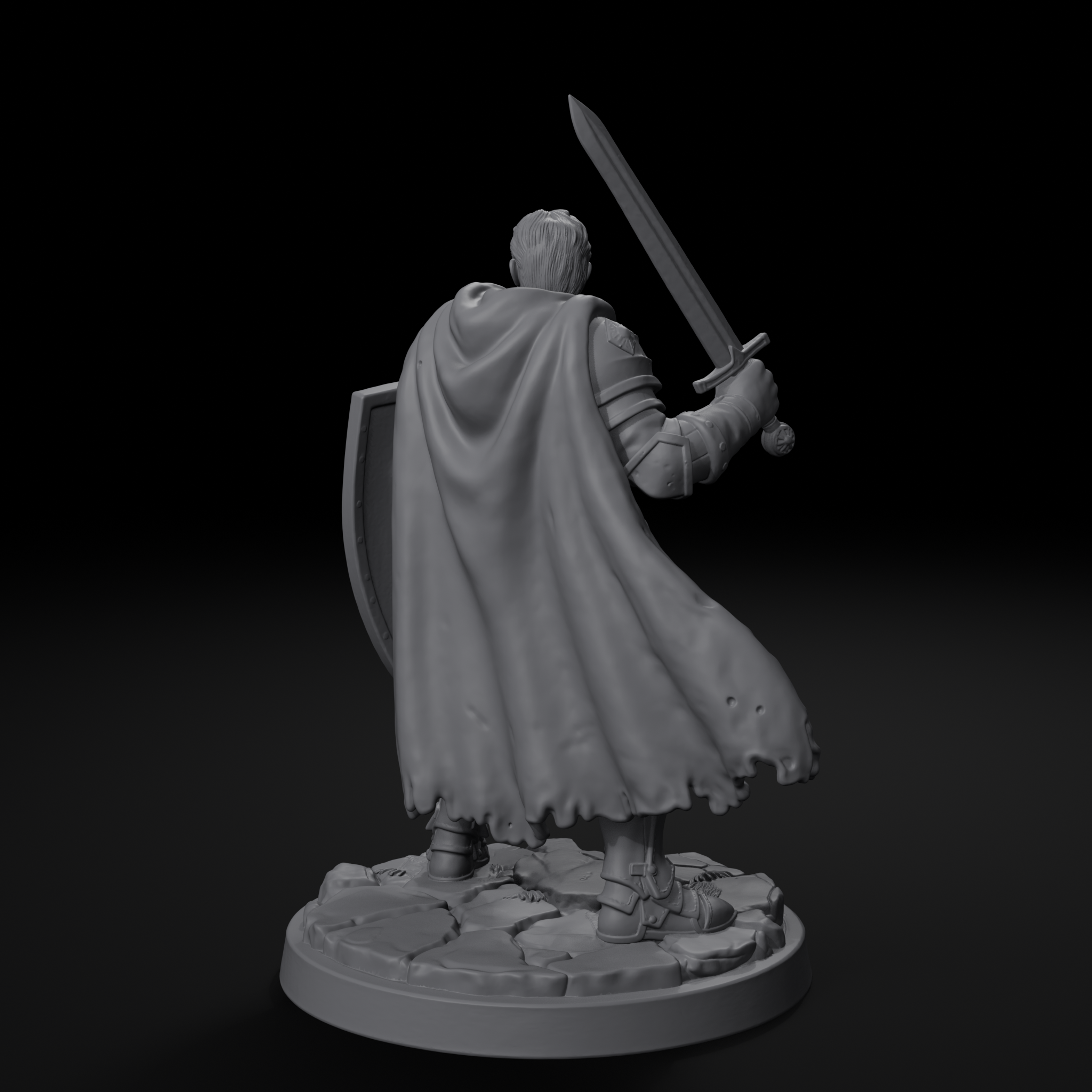 Knight human fighter D&D miniature, left view with shield, unpainted resin