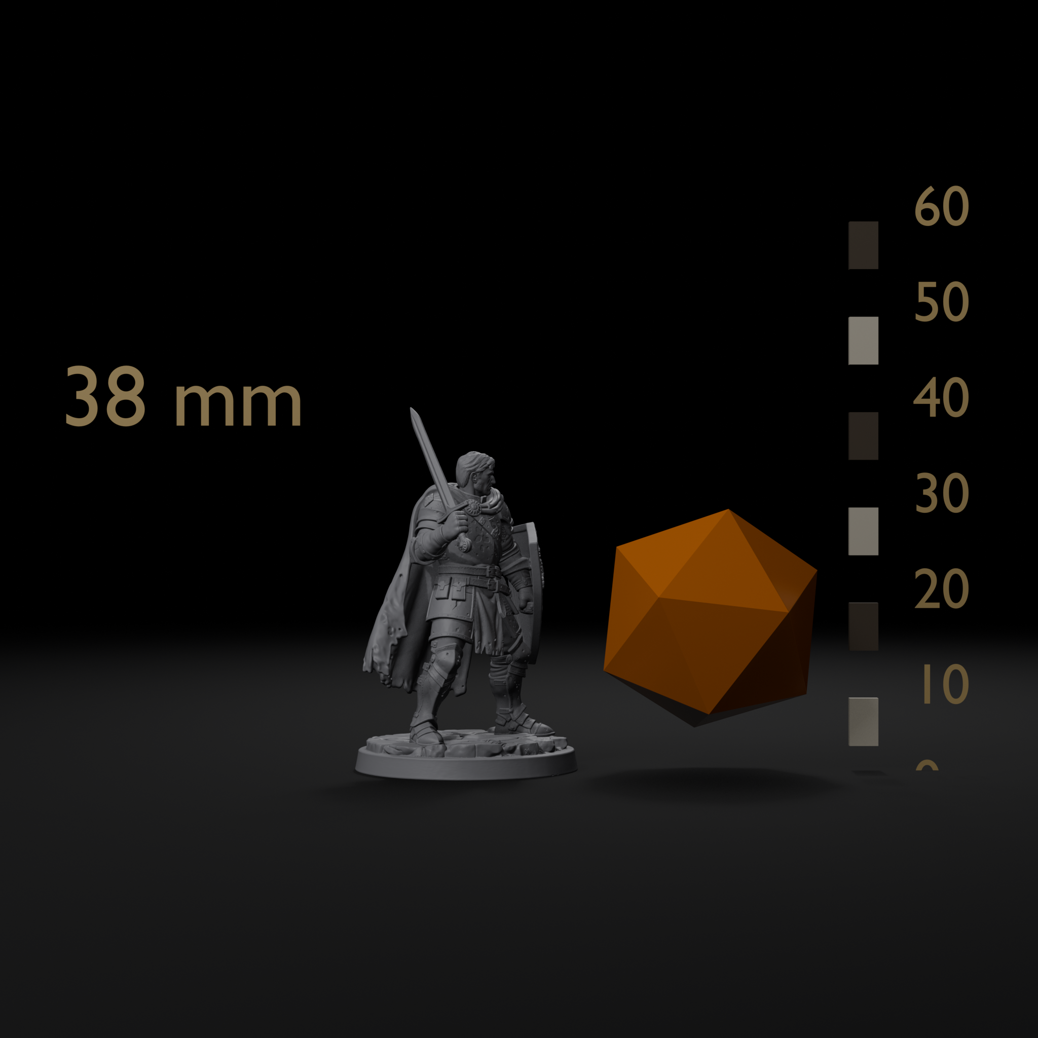 Knight human fighter miniature size reference, 38mm tall beside a 20mm d20 and mm scale bar
