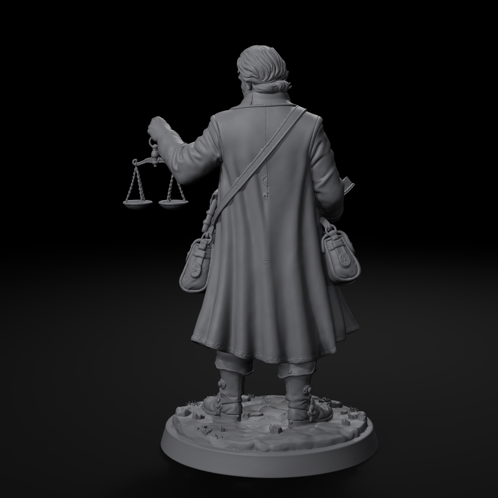 Traveling merchant NPC D&D miniature, back view, unpainted resin