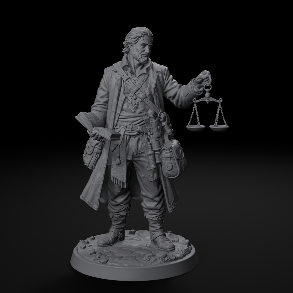 Traveling merchant NPC D&D miniature, front view, unpainted resin