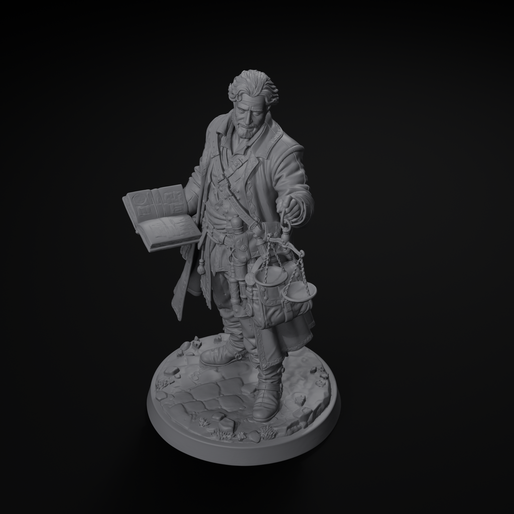 Traveling merchant NPC D&D miniature, isometric view, unpainted resin
