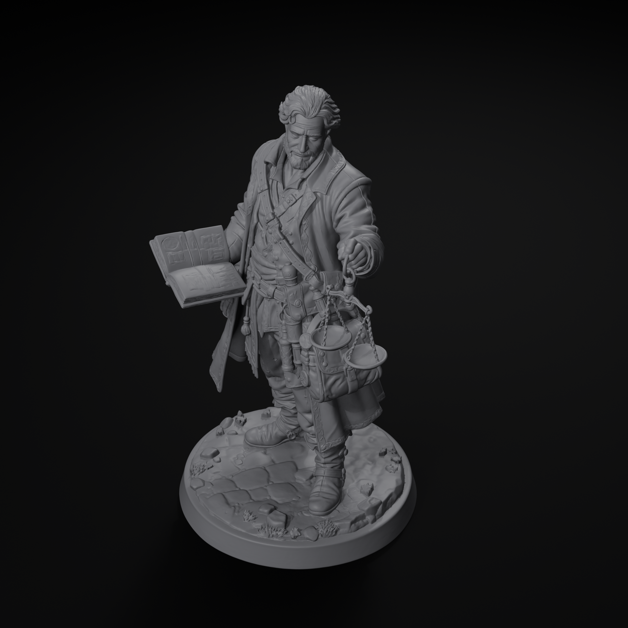 Traveling merchant NPC D&D miniature, isometric view, unpainted resin