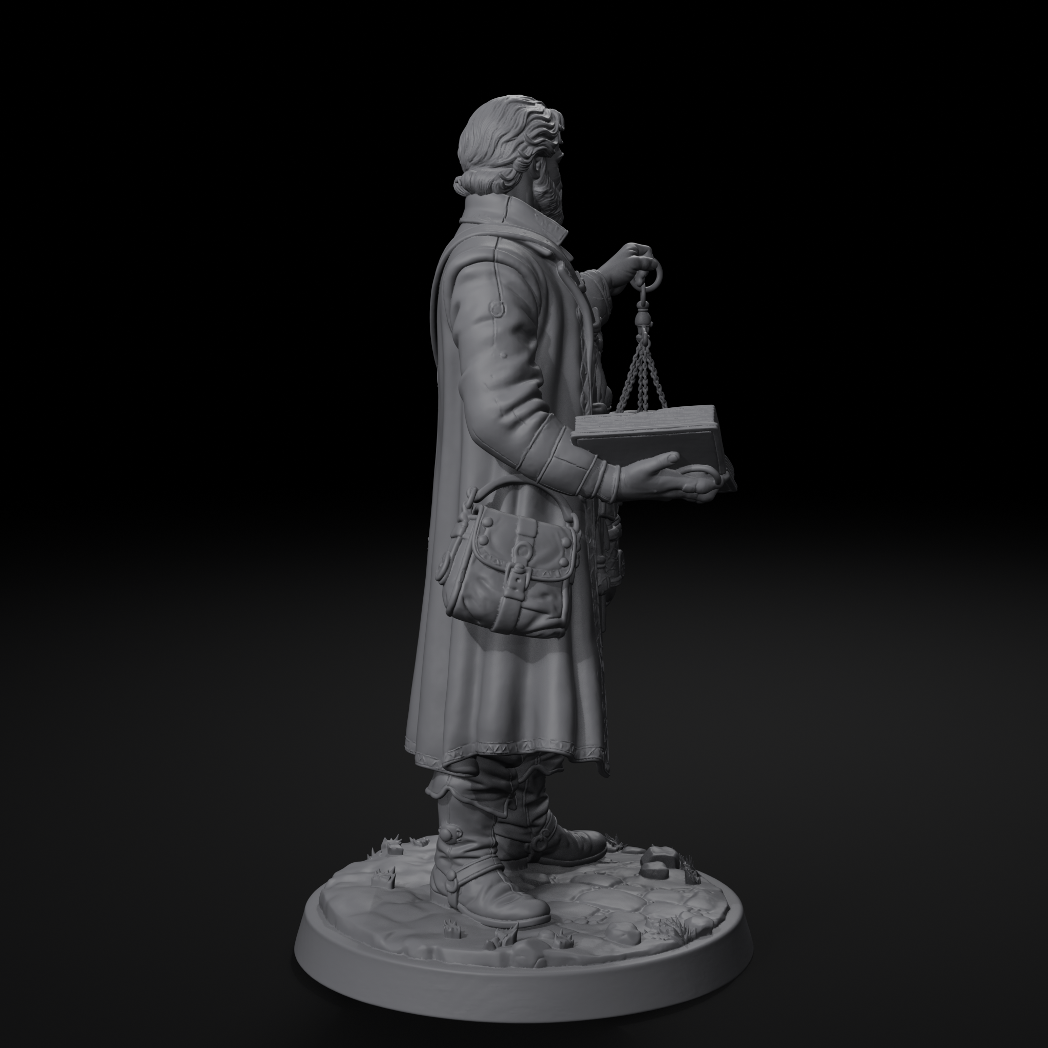 Traveling merchant NPC D&D miniature, left view, unpainted resin