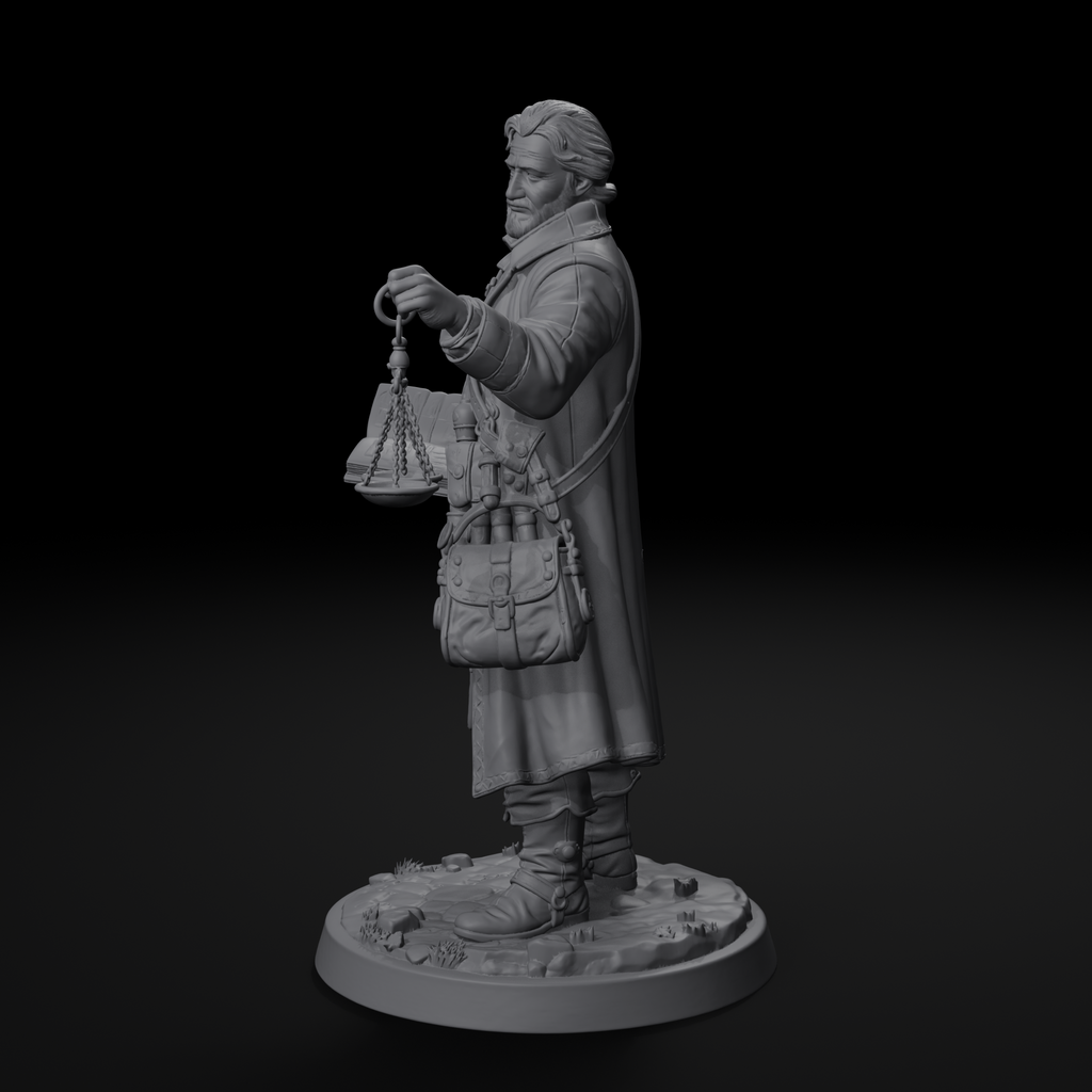 Traveling merchant NPC D&D miniature, right view, unpainted resin