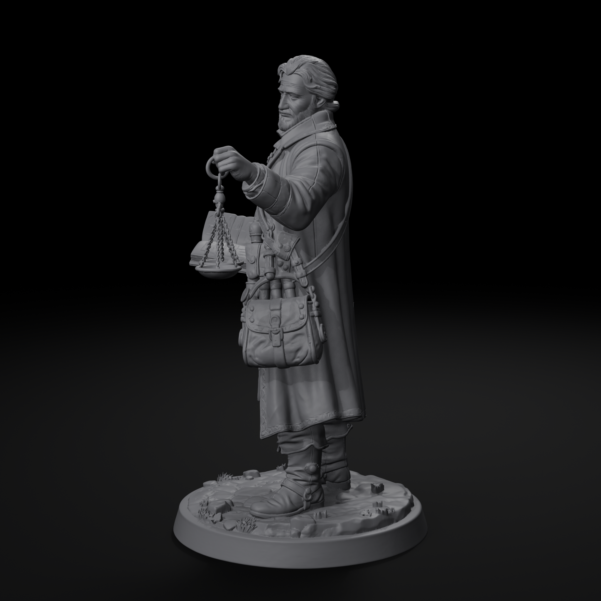 Traveling merchant NPC D&D miniature, right view, unpainted resin