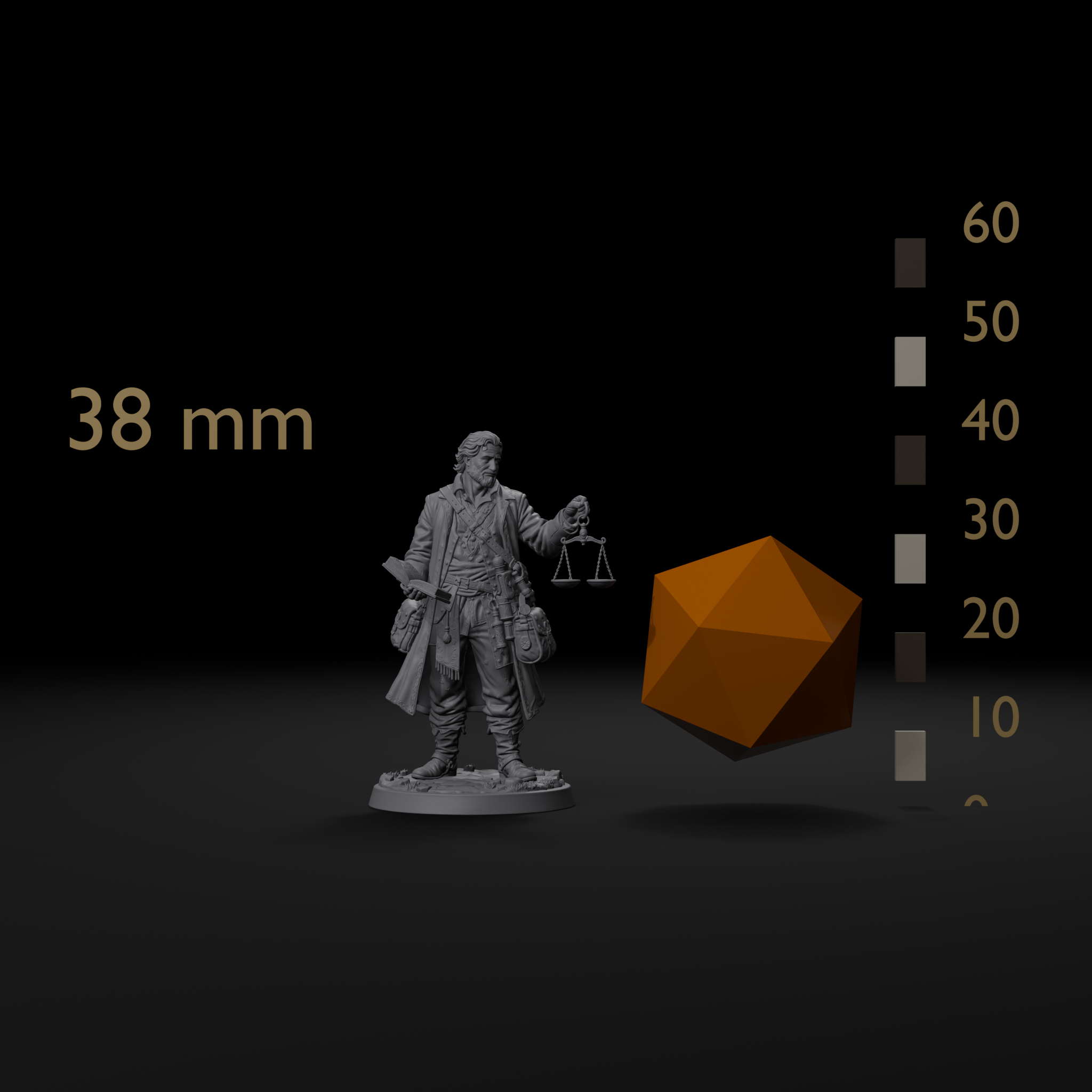 Traveling merchant NPC D&D miniature size reference beside a 20mm d20 and a millimeter scale bar