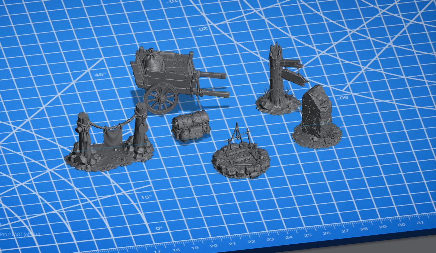 Example custom scatter terrain commission, roadside props in resin