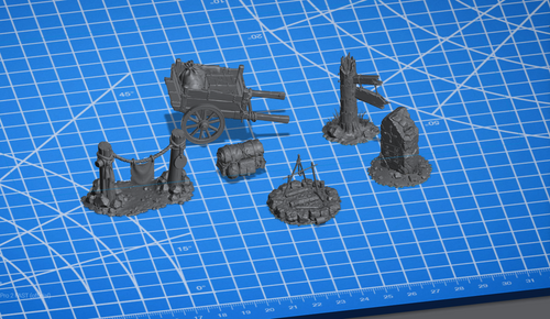 Example terrain from a Dice Warden Forge campaign box, roadside encounter scatter set