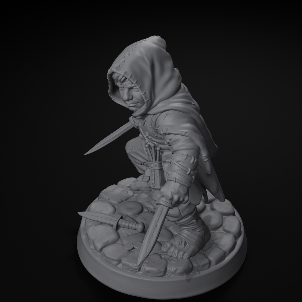Halfling rogue D&D miniature, isometric view, unpainted resin
