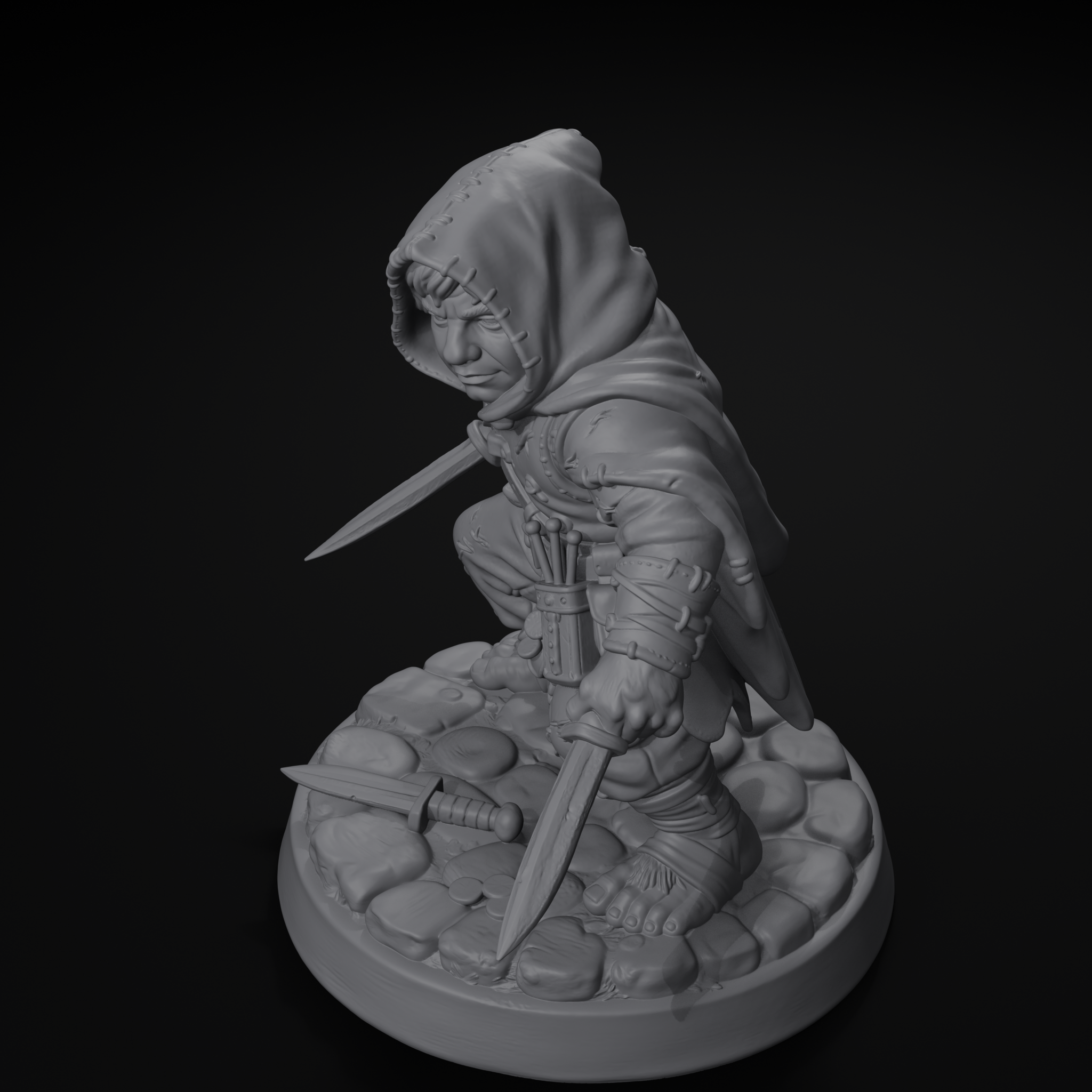 Halfling rogue D&D miniature, isometric view, unpainted resin