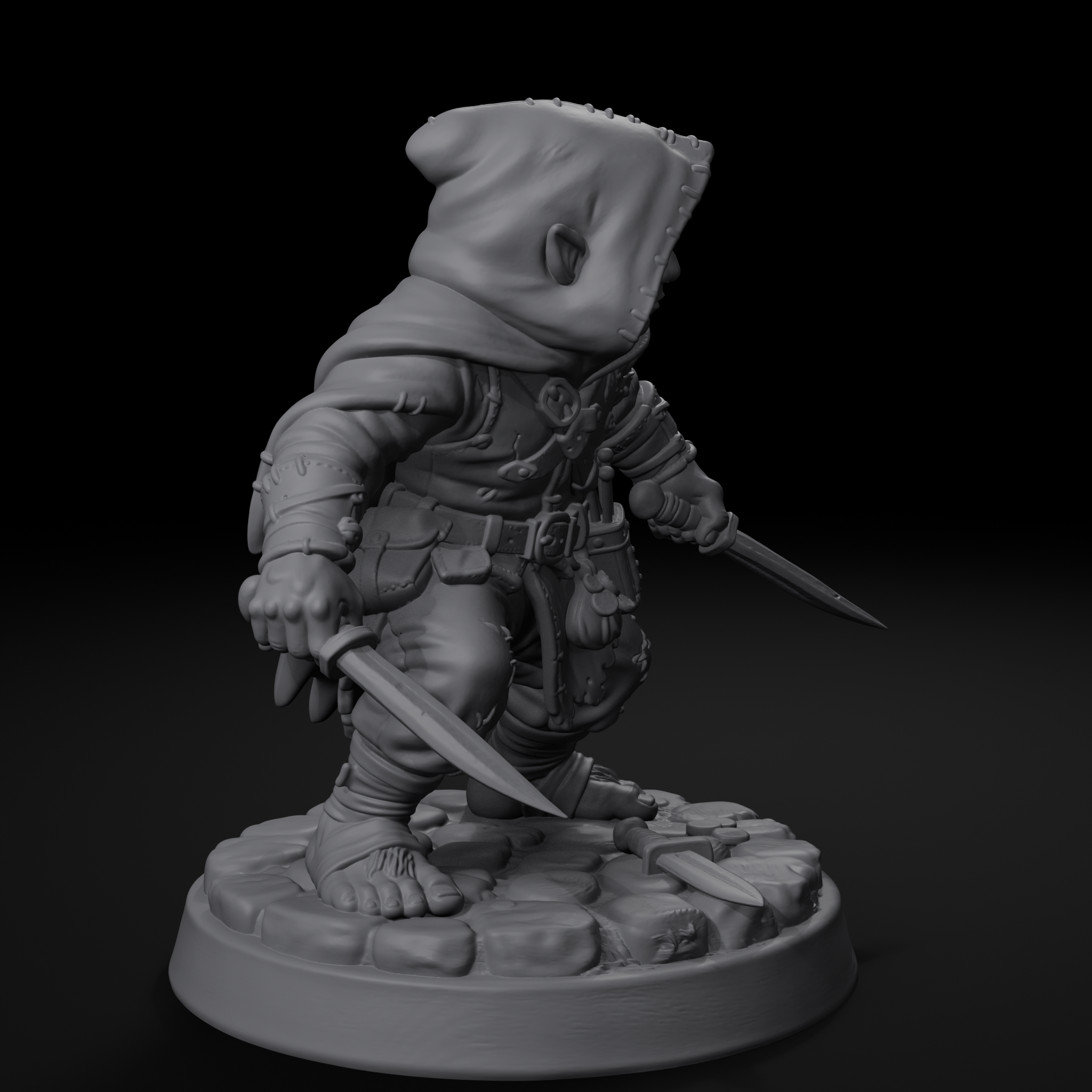 Halfling rogue D&D miniature, left view, unpainted resin