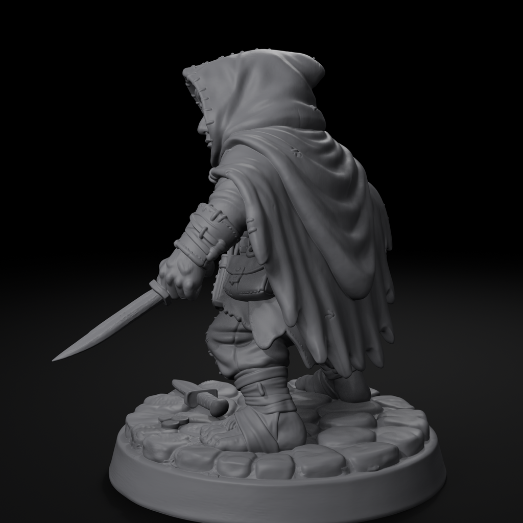 Halfling rogue D&D miniature, right view, unpainted resin