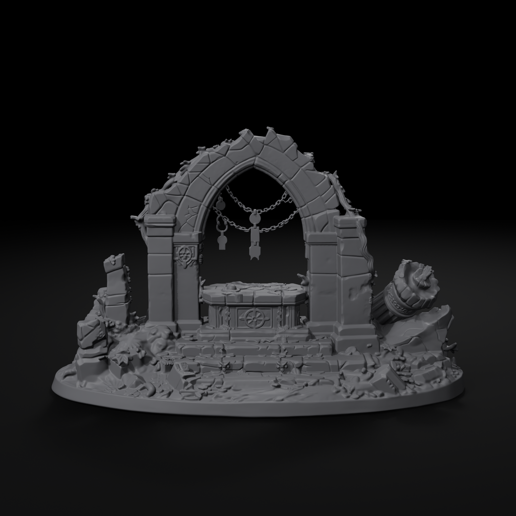 Ruined shrine terrain centerpiece for D&D, back view, unpainted resin
