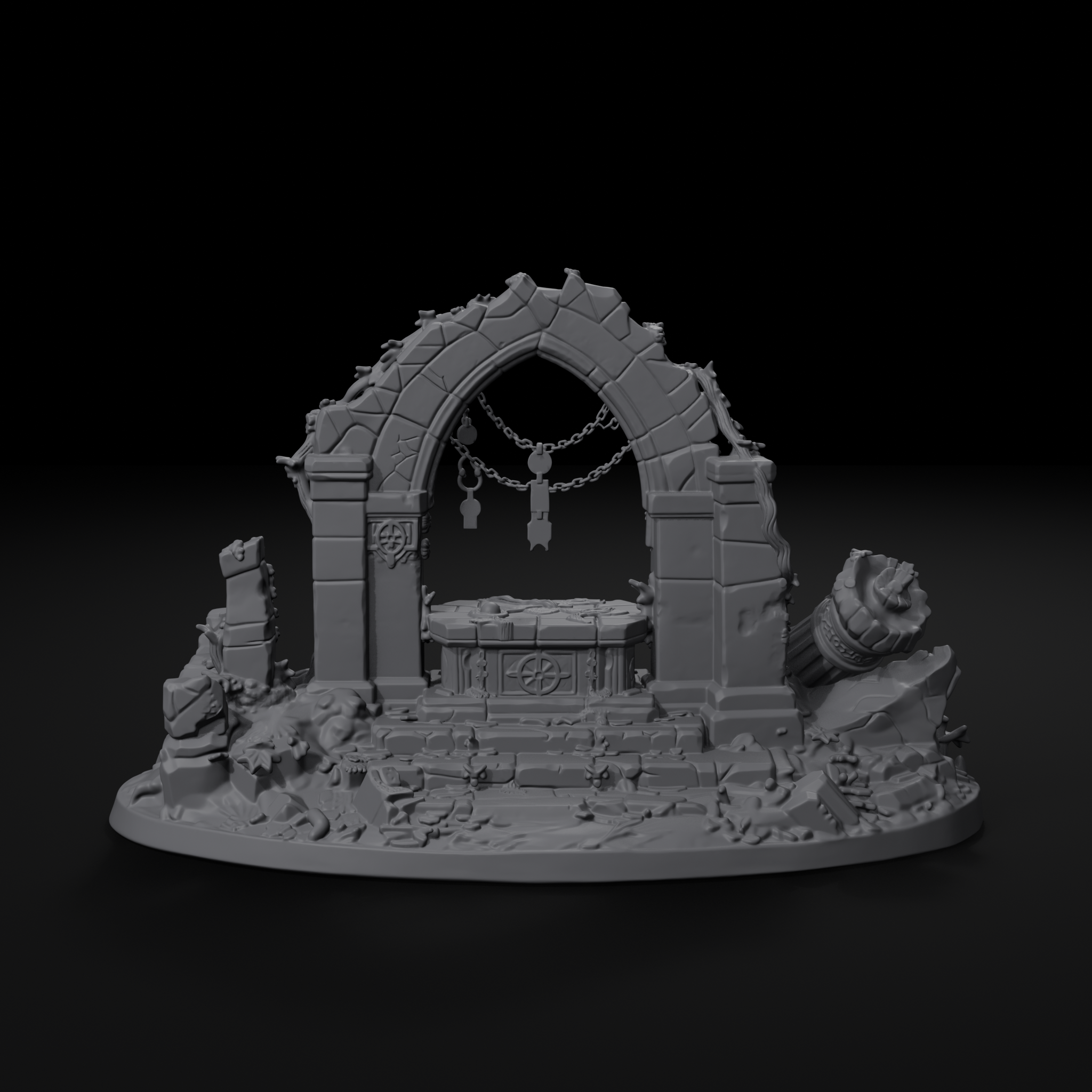 Ruined shrine terrain centerpiece for D&D, back view, unpainted resin
