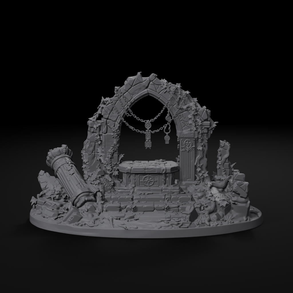 Ruined shrine terrain centerpiece for D&D, front view, unpainted resin