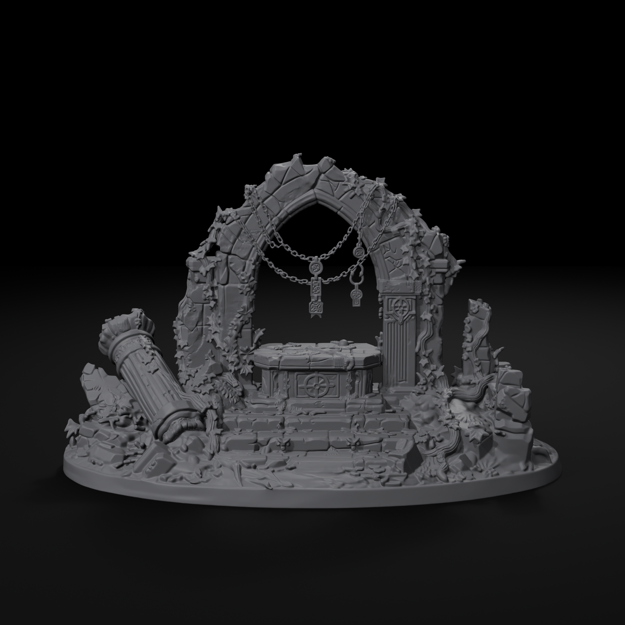 Ruined shrine terrain centerpiece for D&D, front view, unpainted resin