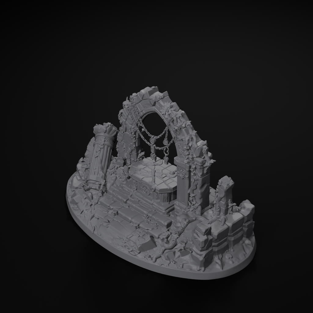 Ruined shrine terrain centerpiece for D&D, isometric view, unpainted resin